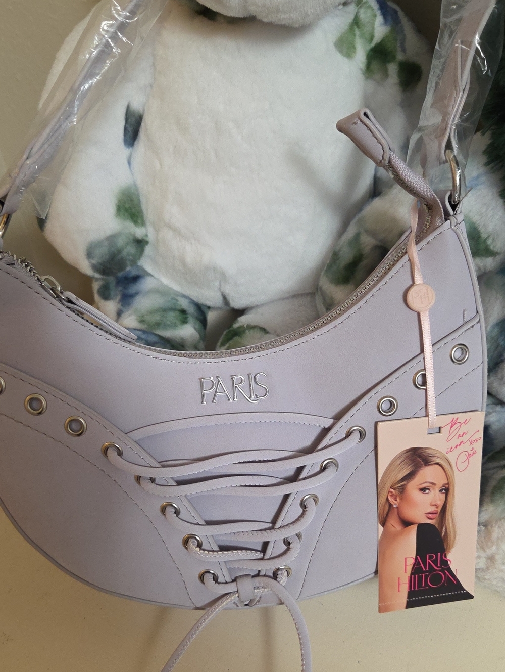 NWT Paris Hilton Lavender Faux-Leather Shoulder Bag with Lace-Up Detail